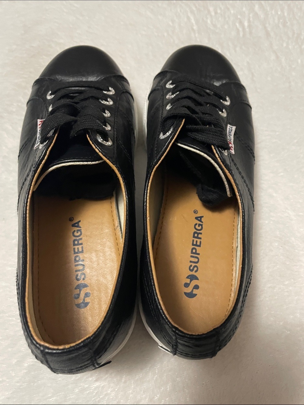 Superga Black Leather Platform Sneakers with White Sole 6.5M - Picture 6 of 11